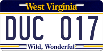 WV license plate DUC017