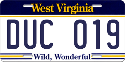 WV license plate DUC019