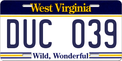 WV license plate DUC039