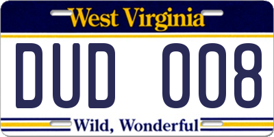 WV license plate DUD008
