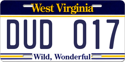 WV license plate DUD017
