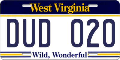 WV license plate DUD020
