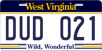 WV license plate DUD021