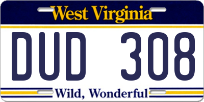 WV license plate DUD308
