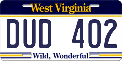 WV license plate DUD402