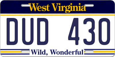 WV license plate DUD430