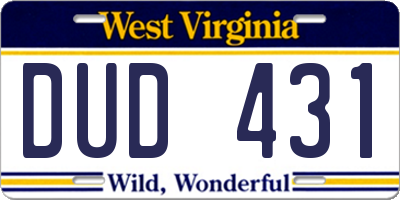 WV license plate DUD431