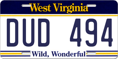 WV license plate DUD494