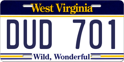 WV license plate DUD701