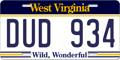 WV license plate DUD934