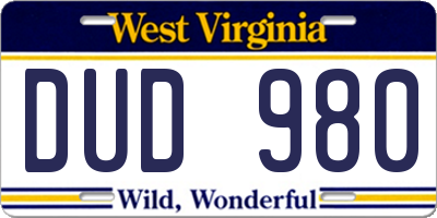 WV license plate DUD980