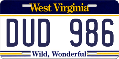 WV license plate DUD986