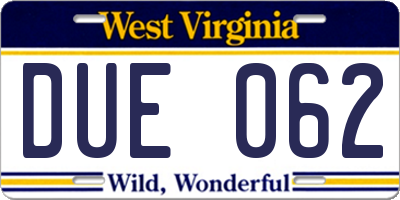 WV license plate DUE062
