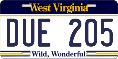 WV license plate DUE205