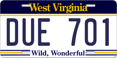 WV license plate DUE701