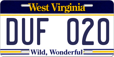 WV license plate DUF020