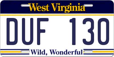 WV license plate DUF130