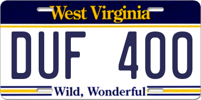 WV license plate DUF400