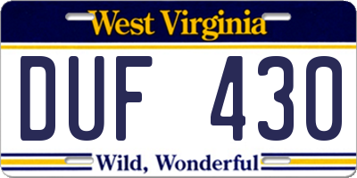 WV license plate DUF430