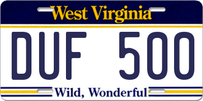 WV license plate DUF500