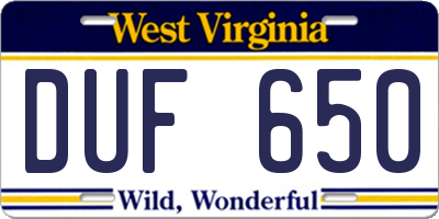WV license plate DUF650