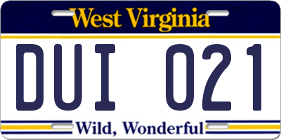 WV license plate DUI021