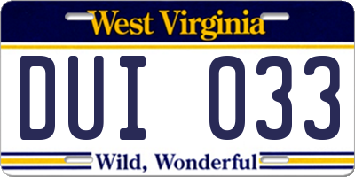 WV license plate DUI033