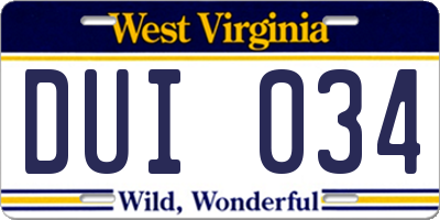 WV license plate DUI034