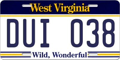 WV license plate DUI038