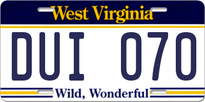 WV license plate DUI070