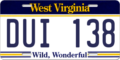 WV license plate DUI138