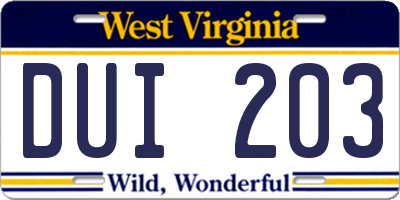 WV license plate DUI203