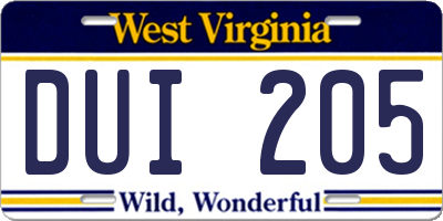 WV license plate DUI205
