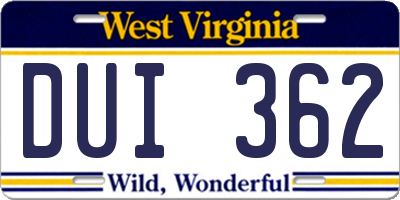 WV license plate DUI362