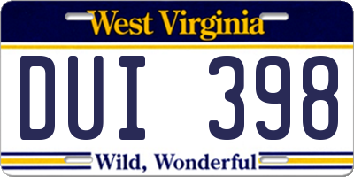 WV license plate DUI398