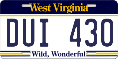 WV license plate DUI430