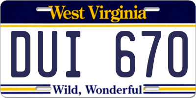 WV license plate DUI670