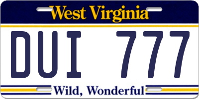 WV license plate DUI777