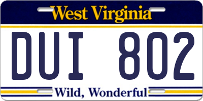 WV license plate DUI802