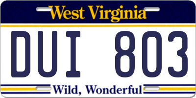 WV license plate DUI803