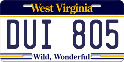 WV license plate DUI805