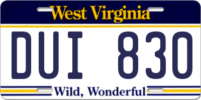 WV license plate DUI830