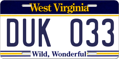 WV license plate DUK033