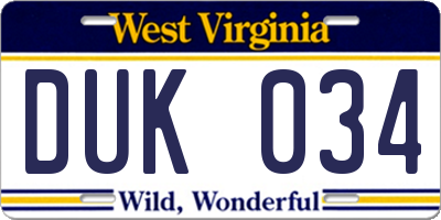WV license plate DUK034
