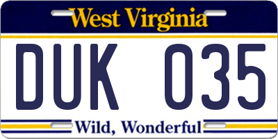 WV license plate DUK035