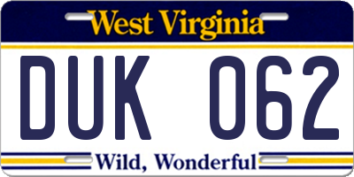 WV license plate DUK062
