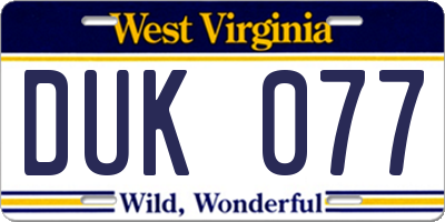 WV license plate DUK077