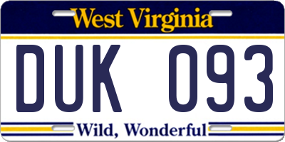 WV license plate DUK093
