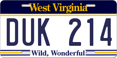 WV license plate DUK214
