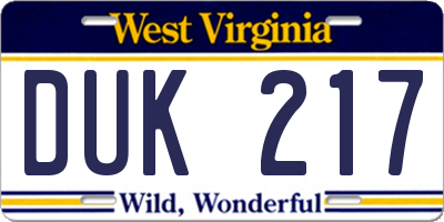 WV license plate DUK217